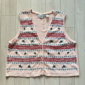 Vintage Tabi Floral Embroidered Pink and Red Knit Vest 100% Cotton Women’s XL